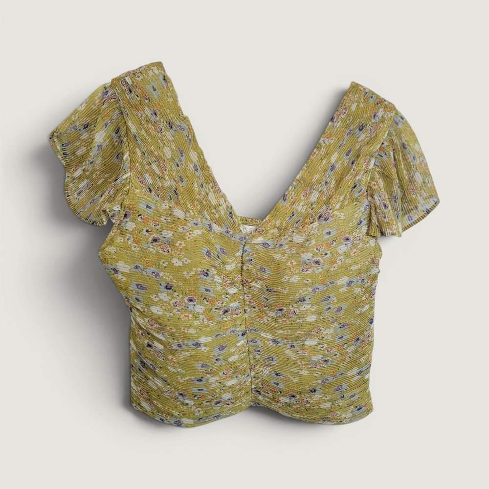ASTR the Label Lime Yellow Floral Ruched Smocked Top AT17793 Womens Medium